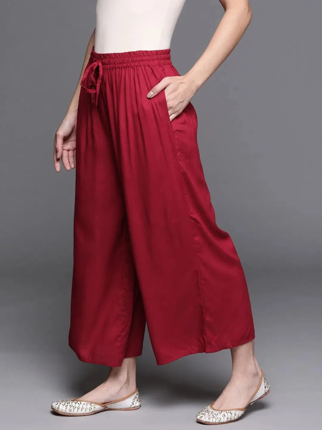 Maroon Solid Rayon Palazzos - Libas 