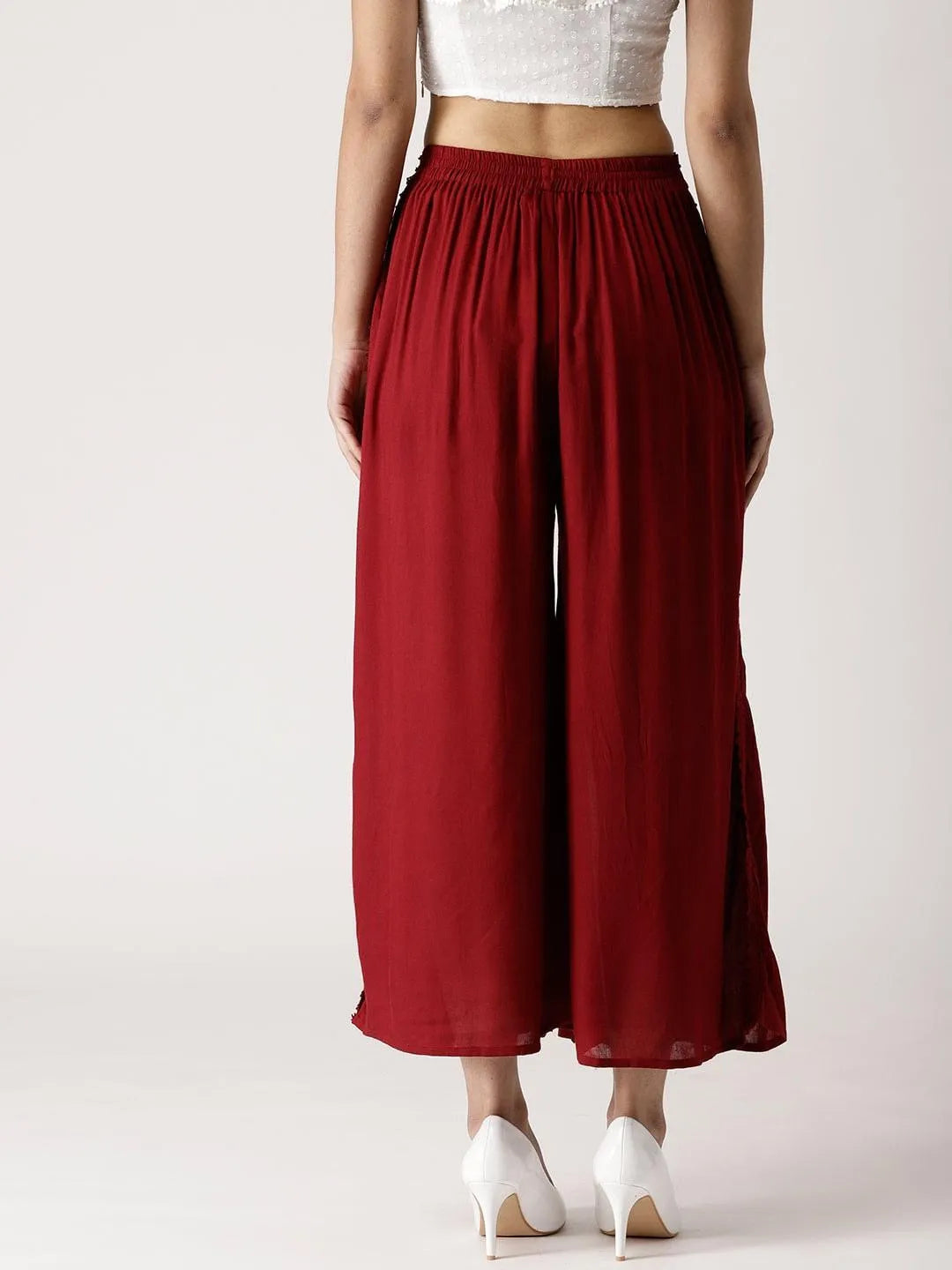 Maroon Solid Rayon Palazzos - Libas