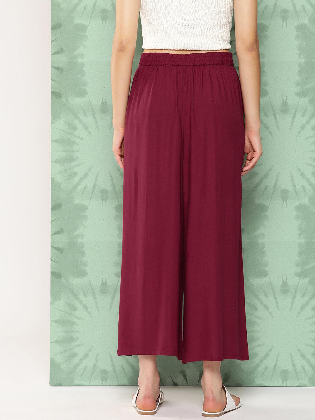 Maroon Solid Rayon Palazzos - Libas