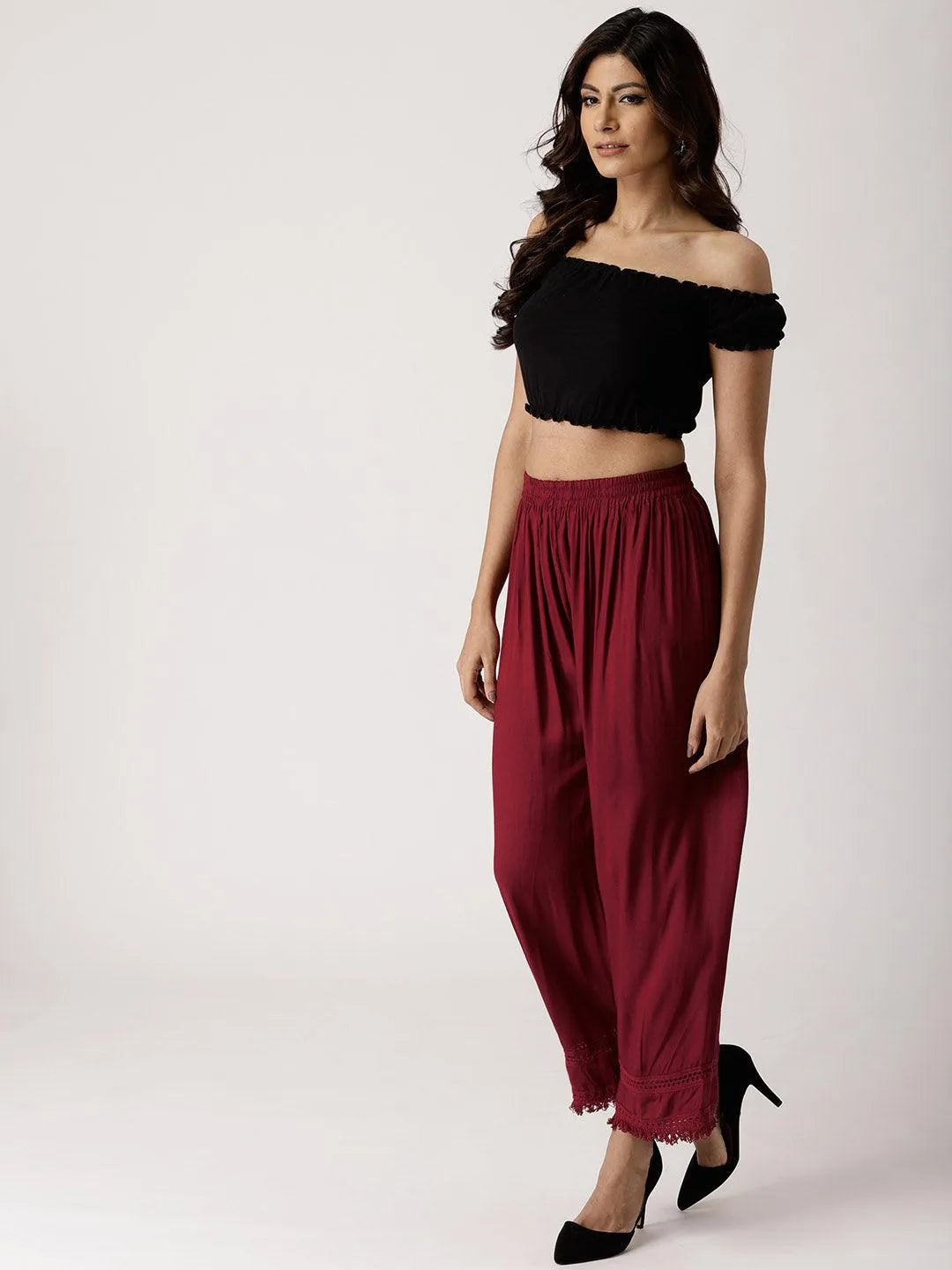 Maroon Solid Rayon Palazzos - Libas