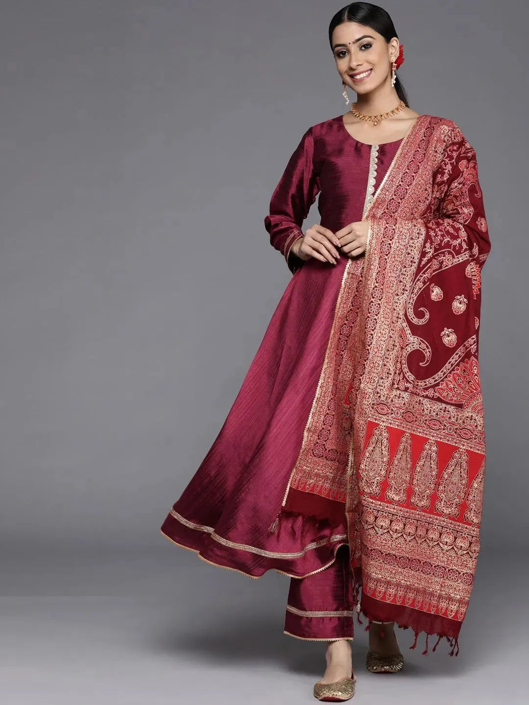 

Maroon Solid Silk Blend Anarkali Kurta With Palazzos & Dupatta