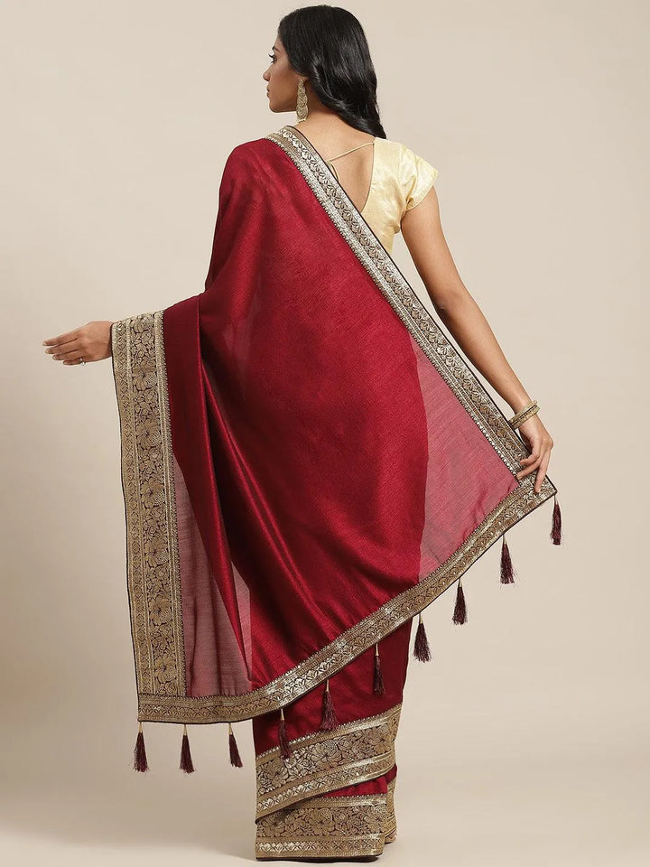 Maroon Solid Silk Blend Saree - Libas