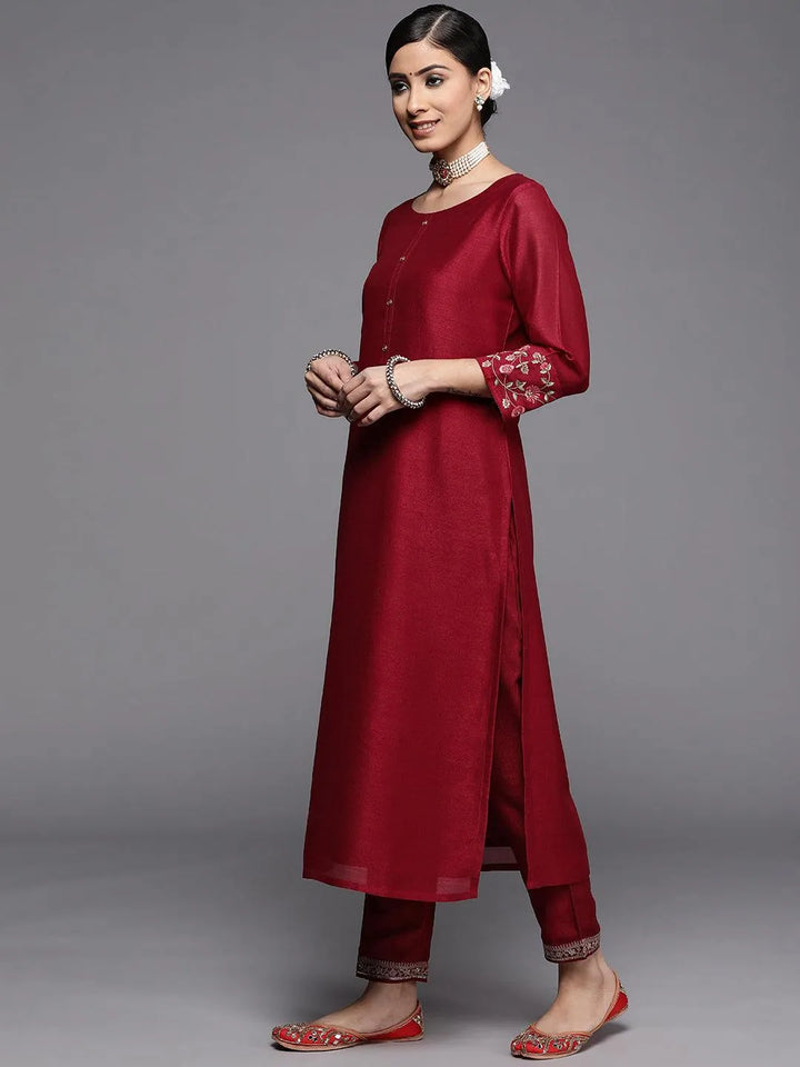 Maroon Solid Silk Kurta - Libas