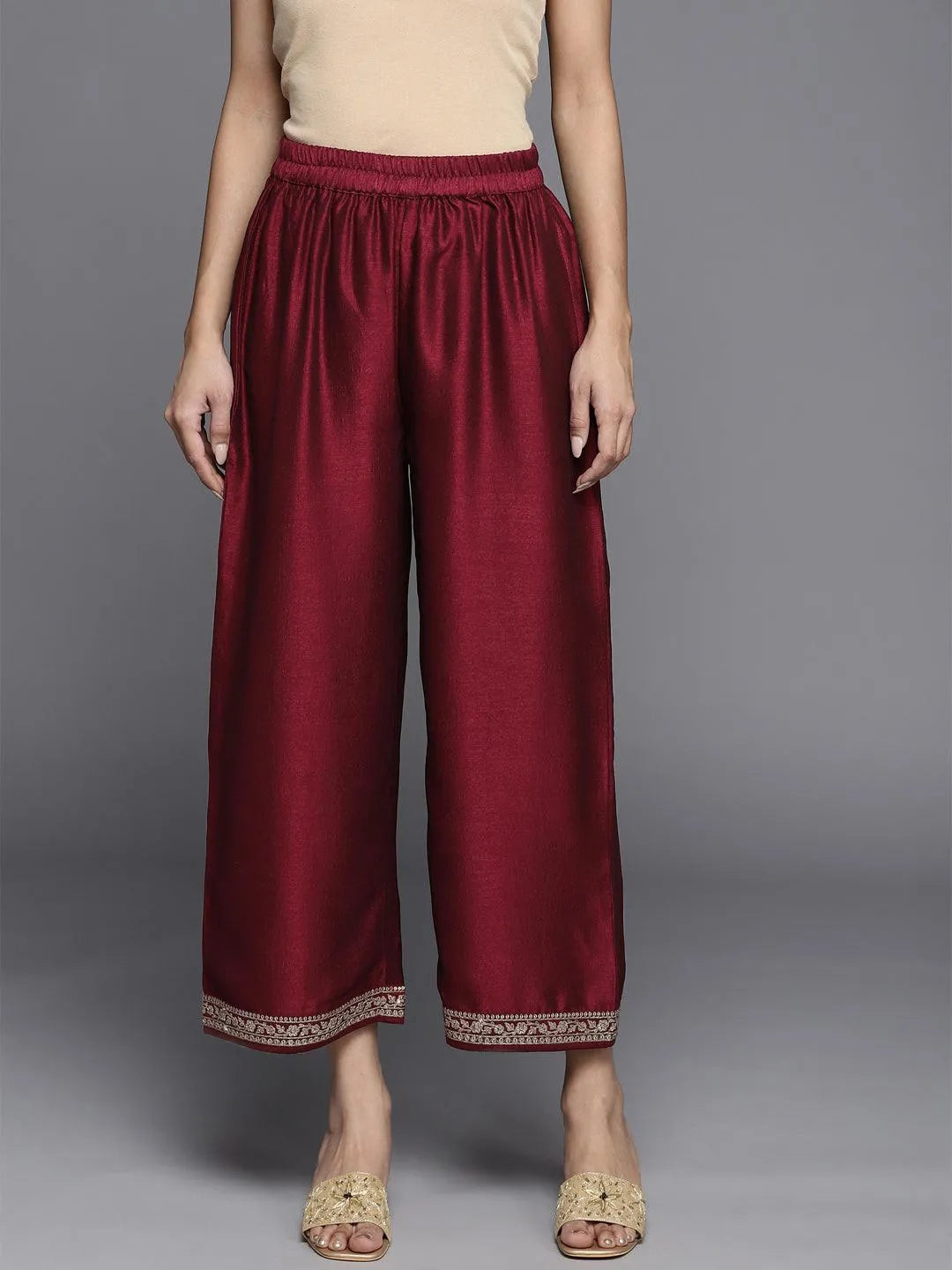 Maroon Solid Silk Palazzos - Libas