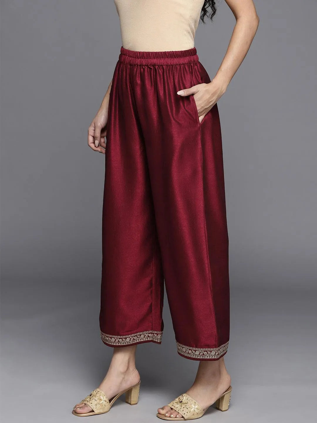 Maroon Solid Silk Palazzos - Libas