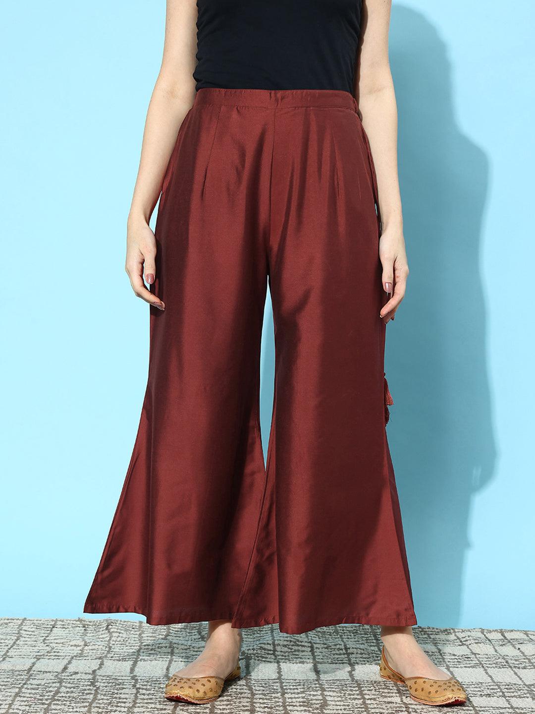 Maroon Solid Silk Palazzos - Libas 