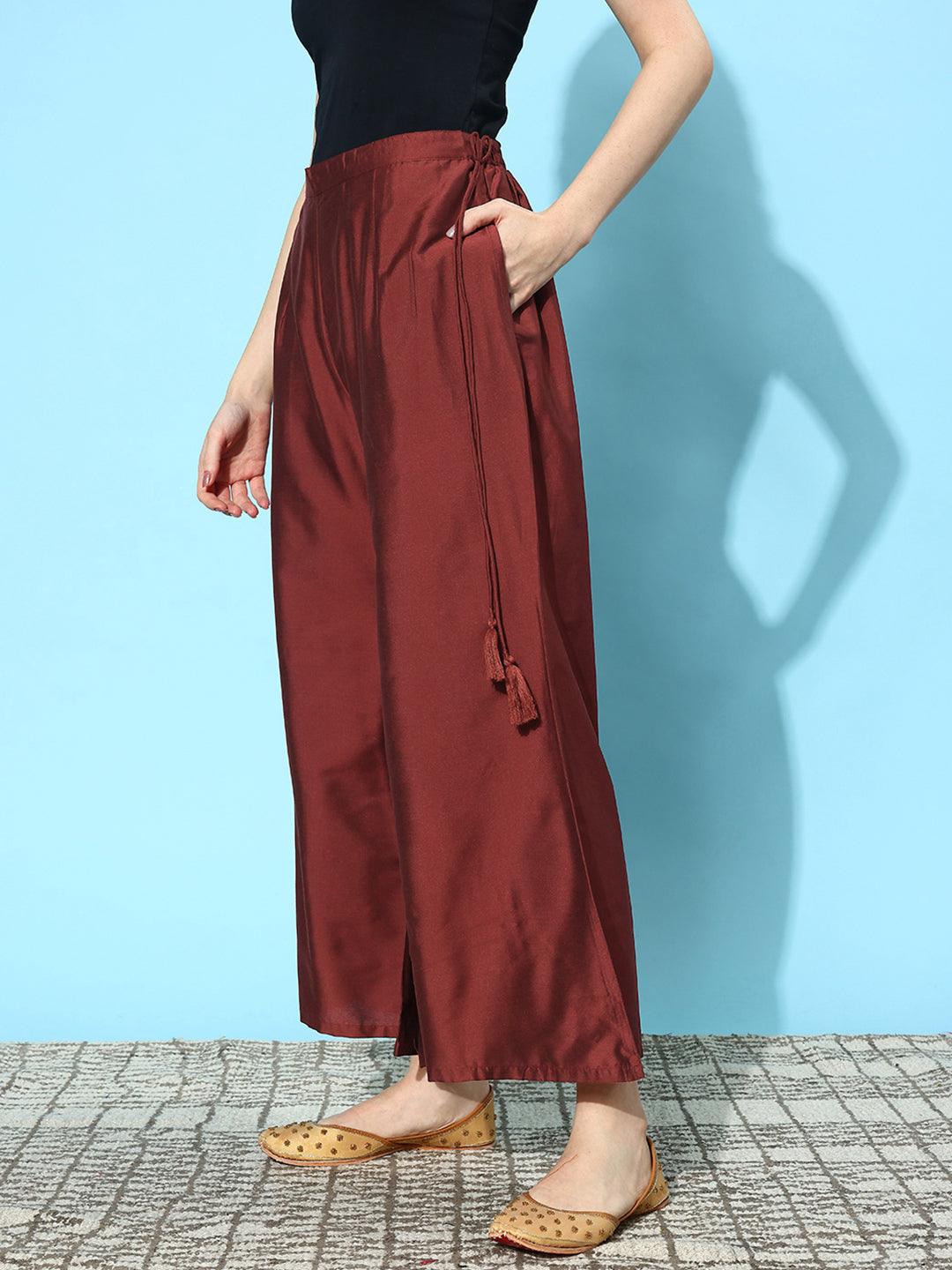 Maroon Solid Silk Palazzos - Libas