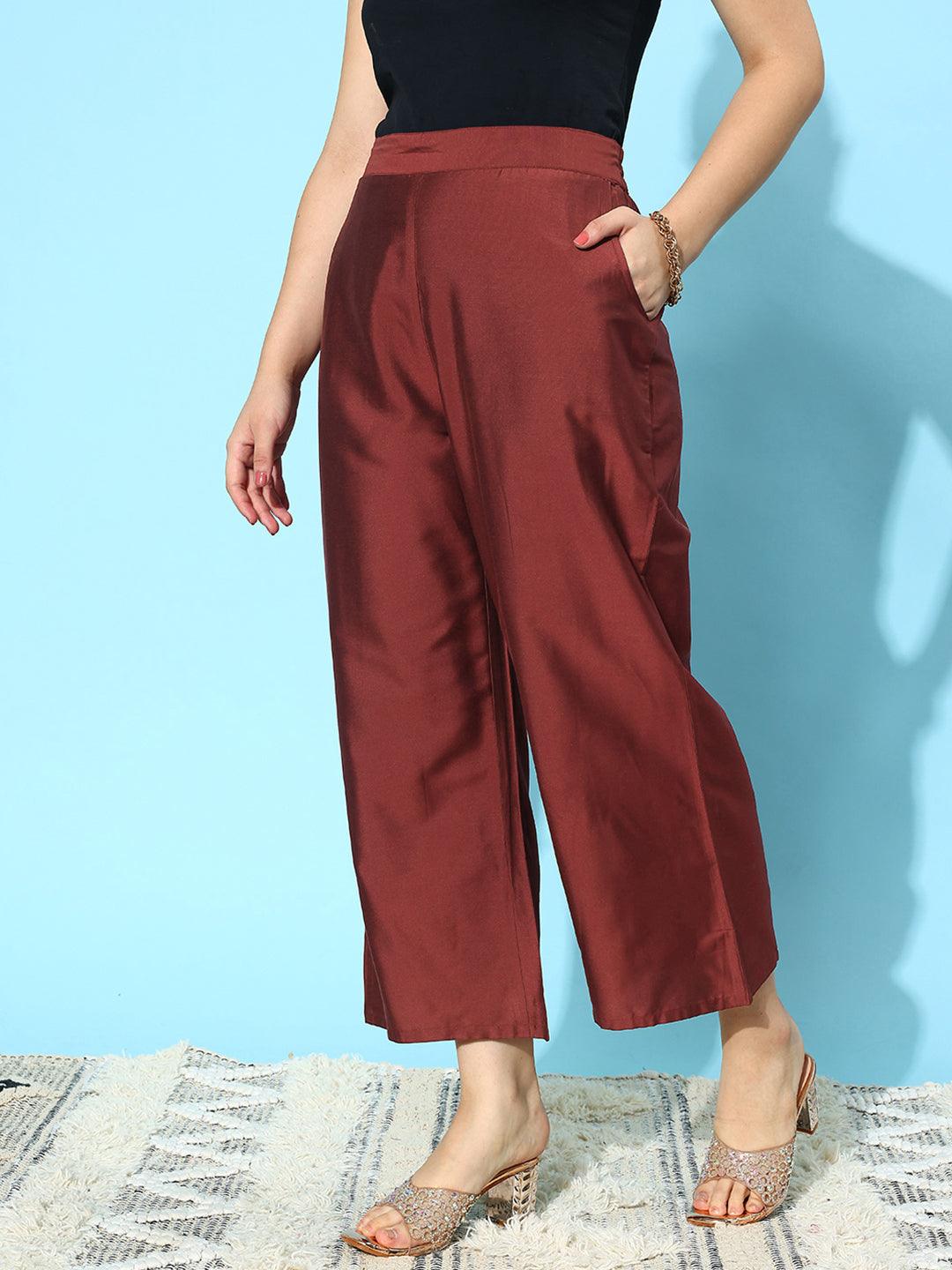 Maroon Solid Silk Palazzos - Libas 