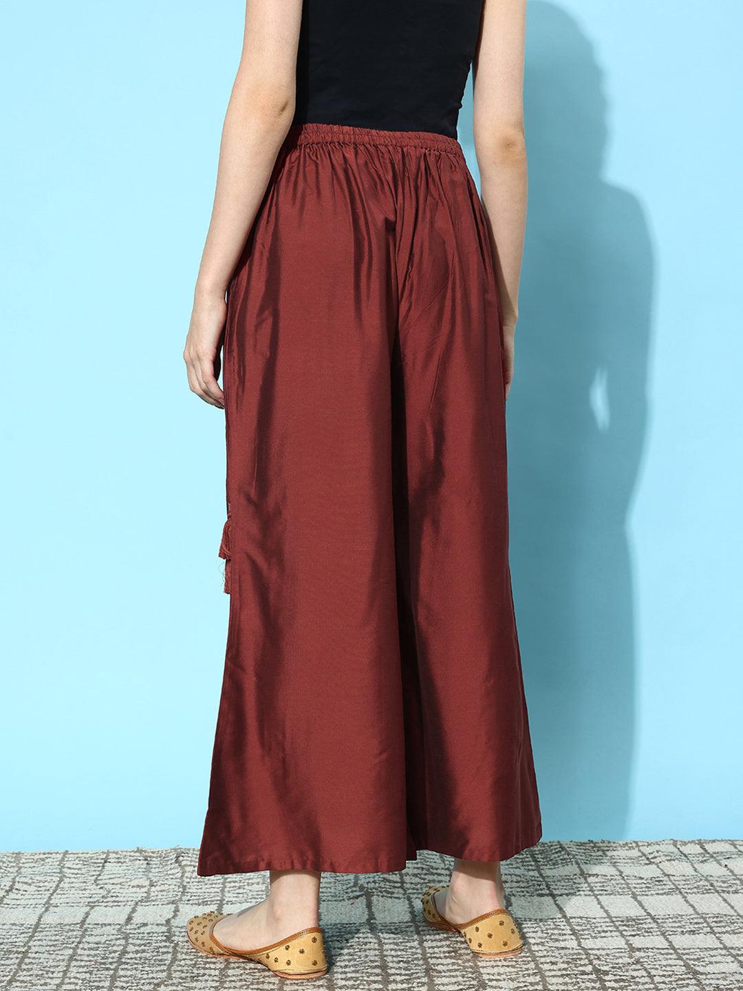 Maroon Solid Silk Palazzos - Libas 