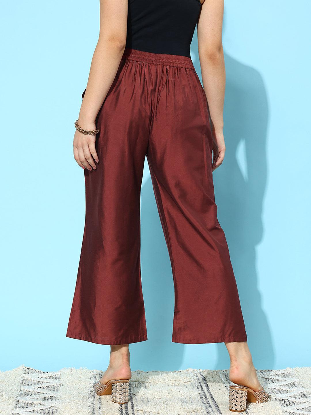 Maroon Solid Silk Palazzos - Libas 