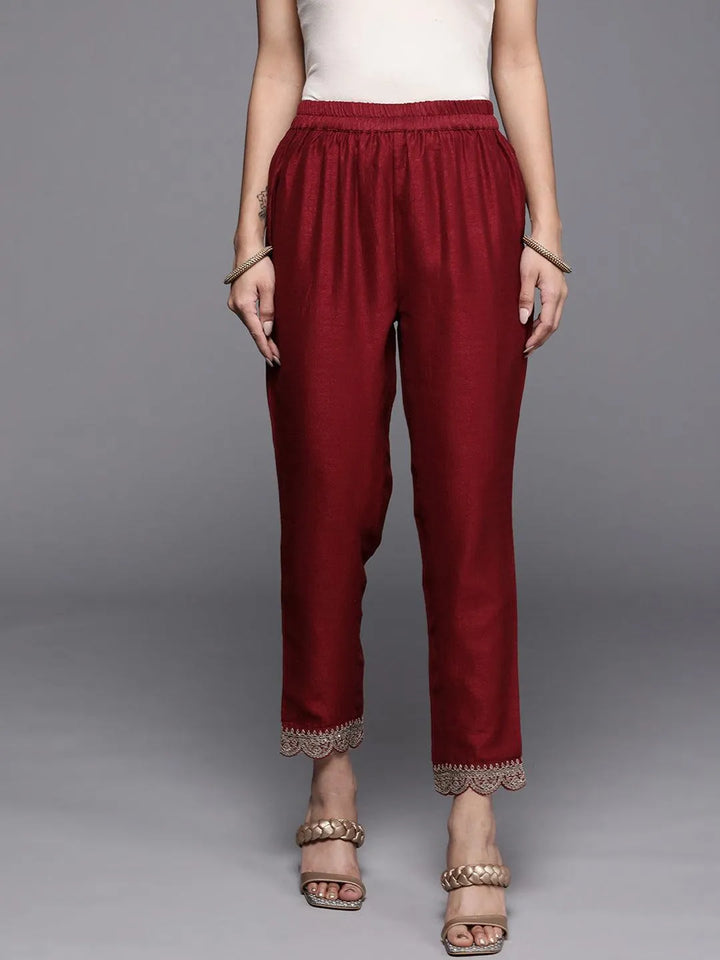 Maroon Solid Silk Trousers - Libas