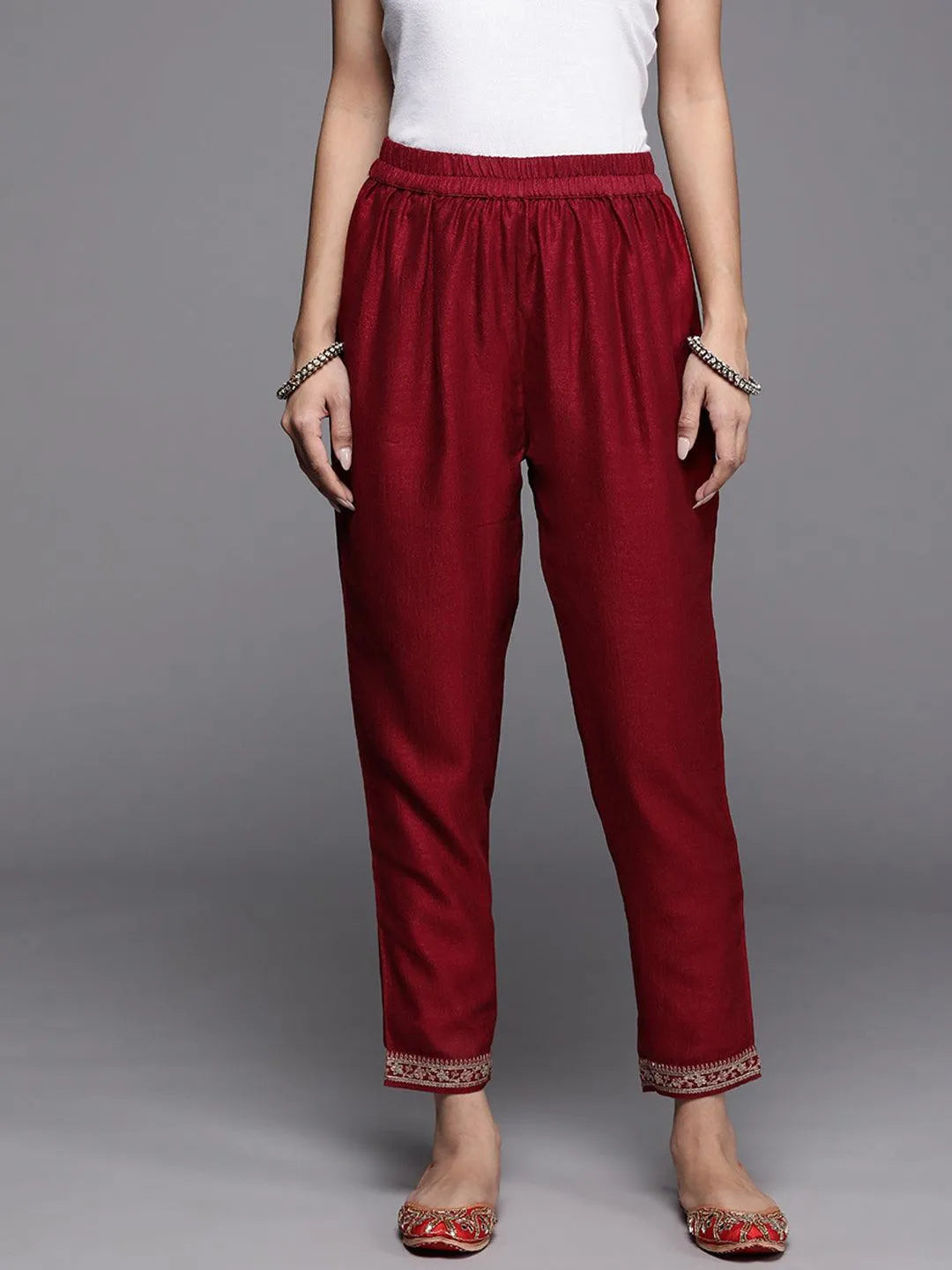 Maroon Solid Silk Trousers - Libas