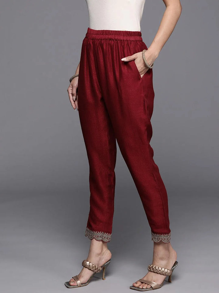 Maroon Solid Silk Trousers - Libas