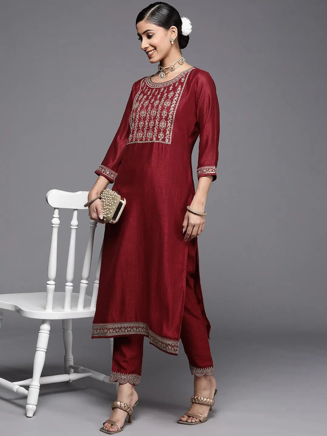 Maroon Solid Silk Trousers - Libas