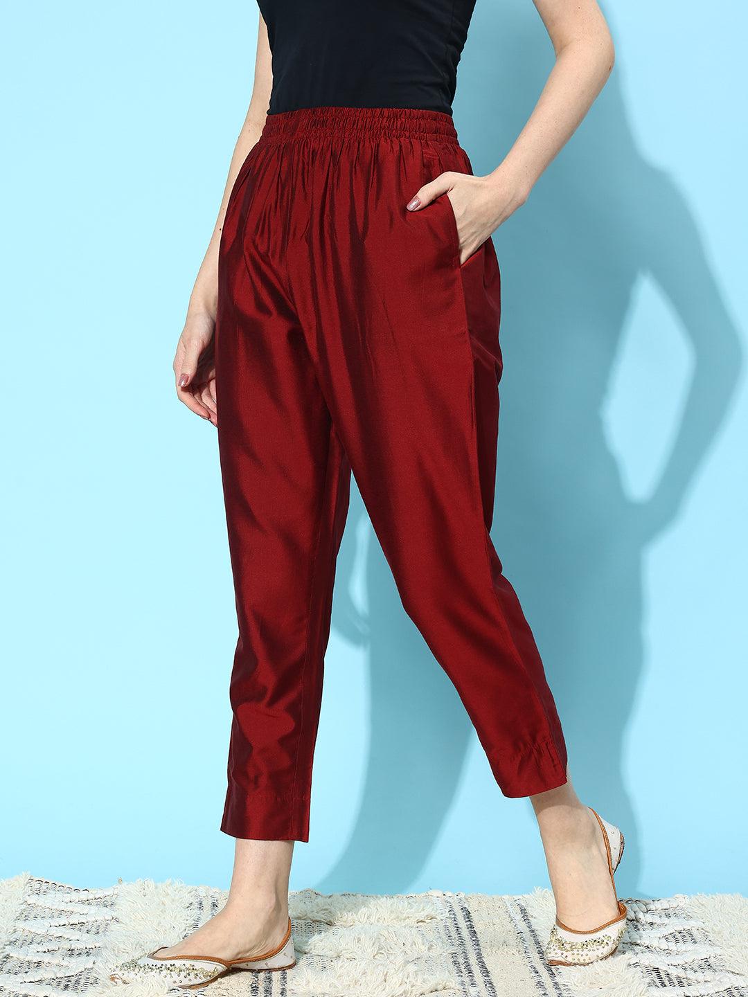 Maroon Solid Silk Trousers - Libas