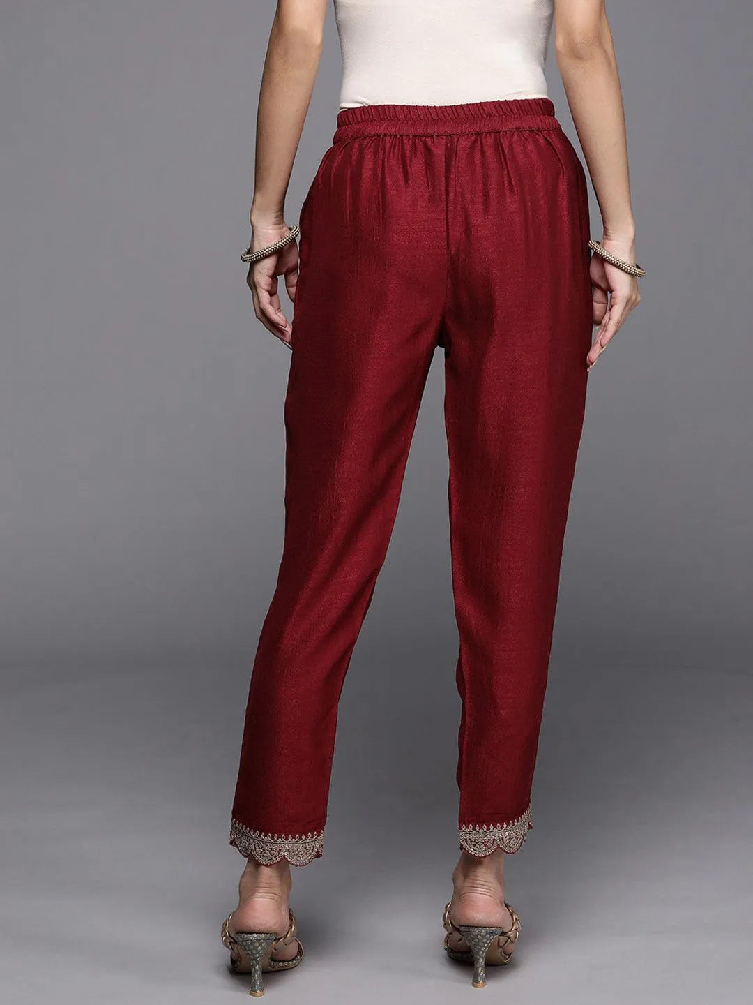 Maroon Solid Silk Trousers - Libas