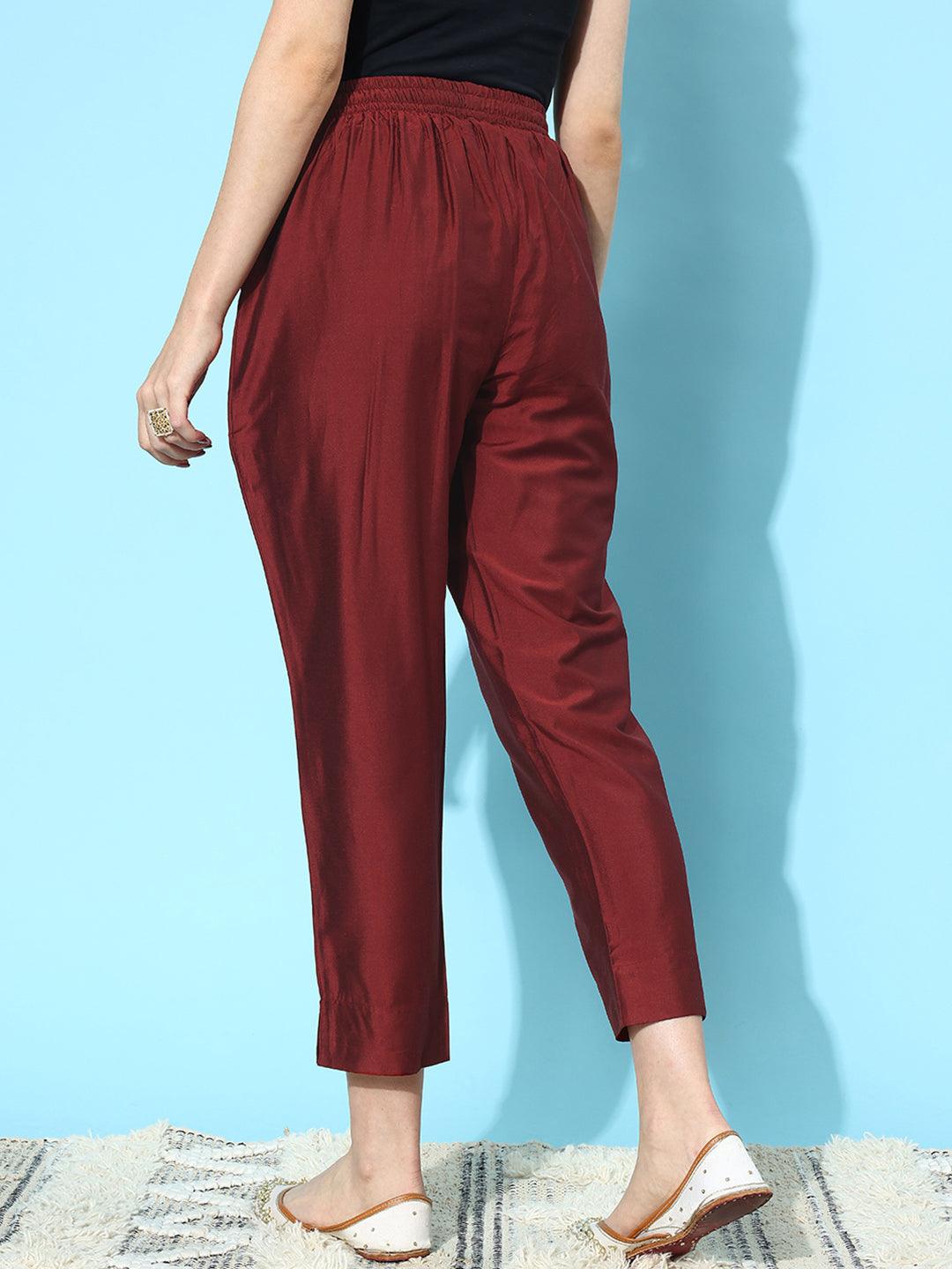 Maroon Solid Silk Trousers - Libas 