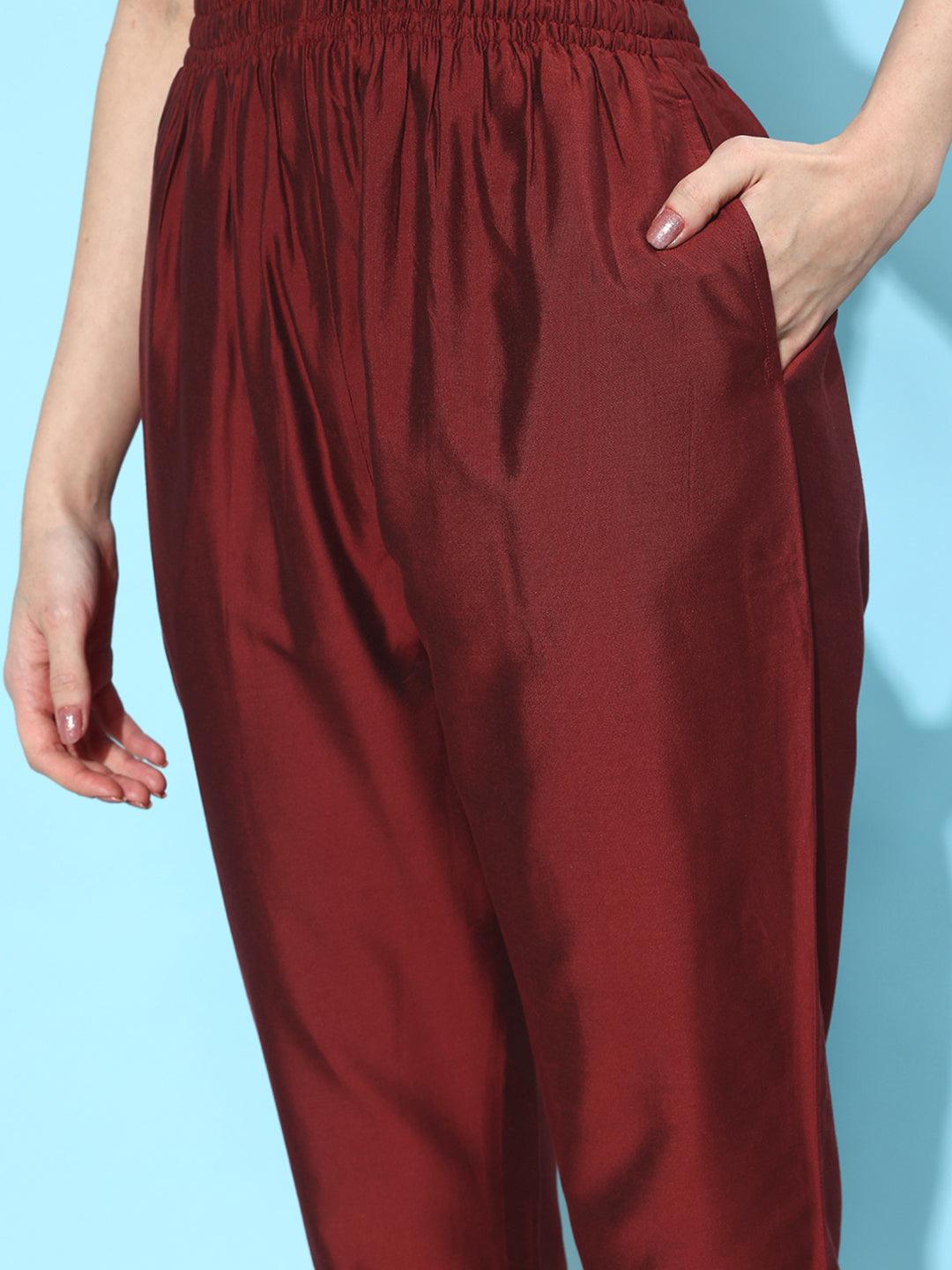 Maroon Solid Silk Trousers - Libas 