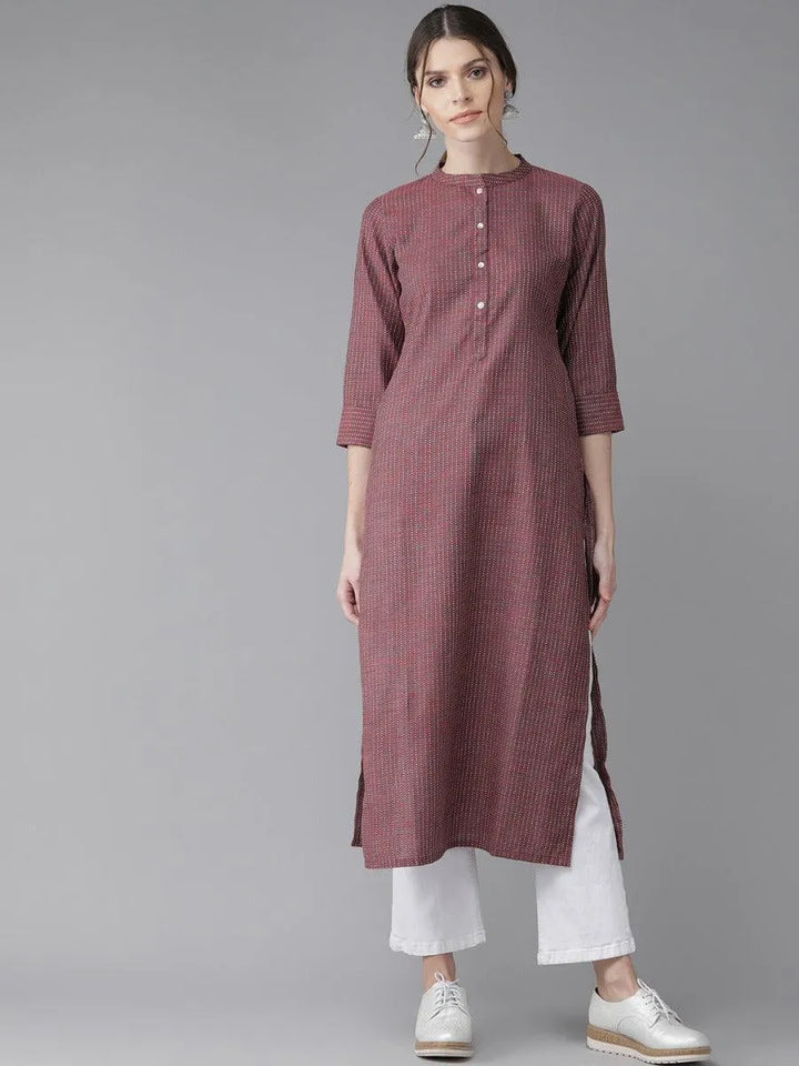 Maroon Striped Cotton Kurta - Libas