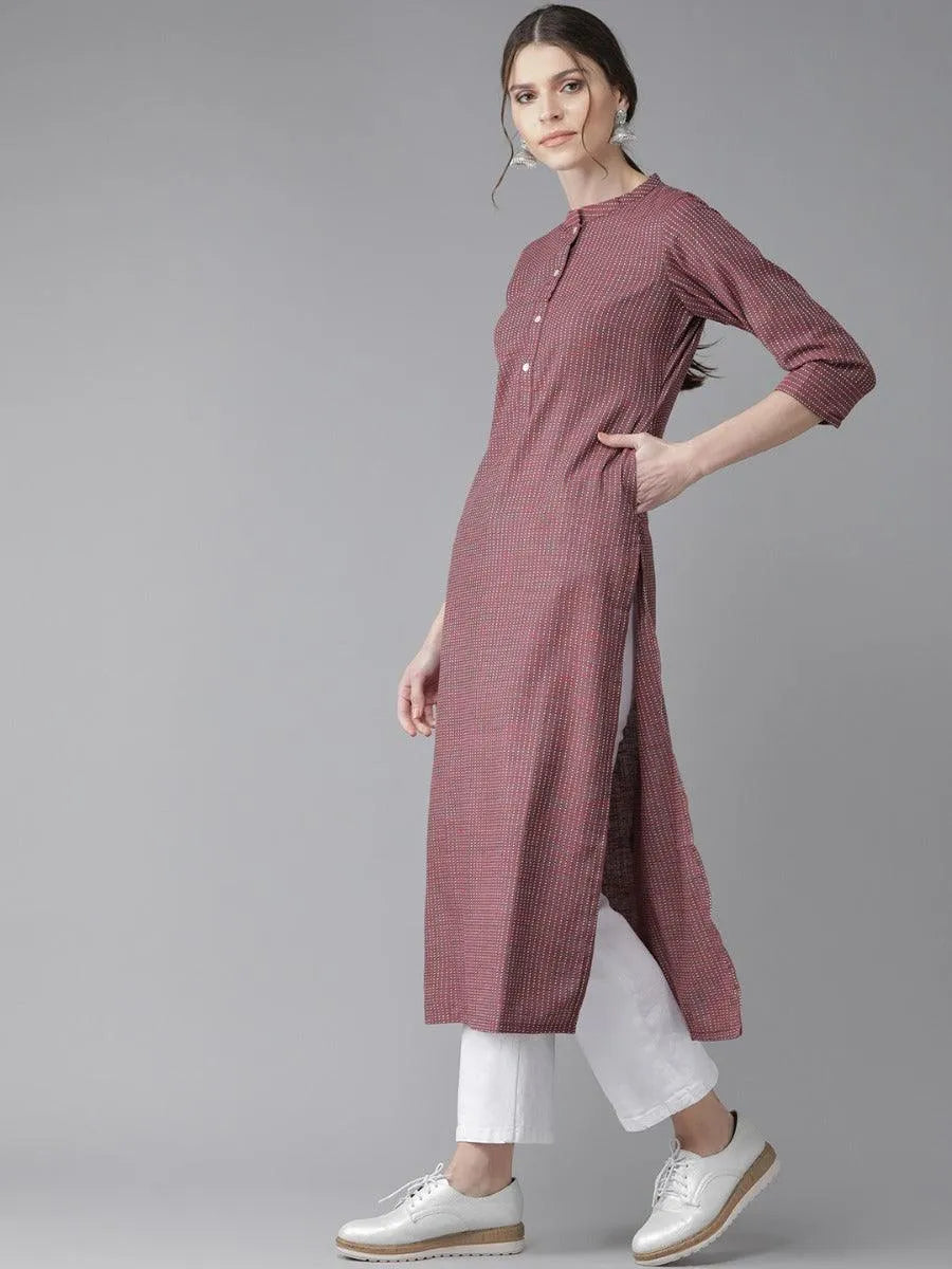 Maroon Striped Cotton Kurta - Libas