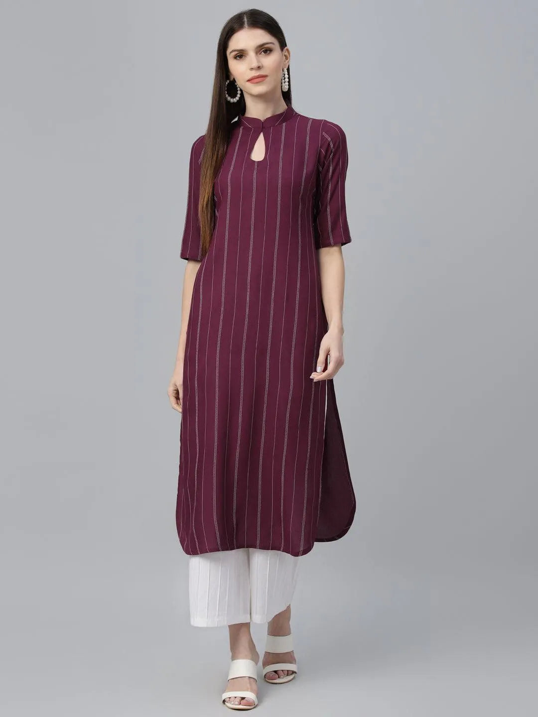 Maroon Striped Rayon Kurta - Libas