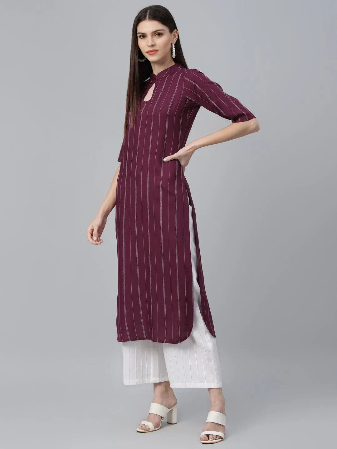 Maroon Striped Rayon Kurta - Libas