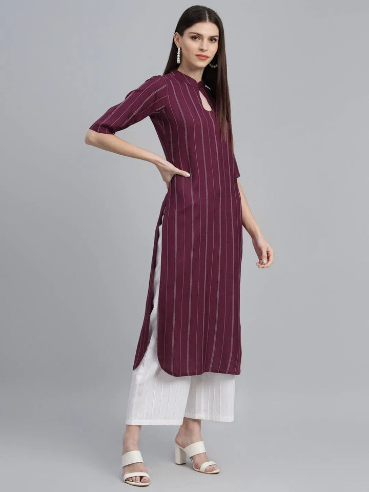 Maroon Striped Rayon Kurta - Libas