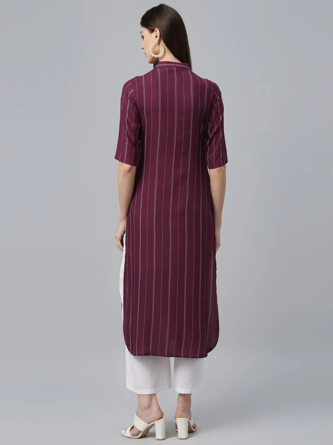 Maroon Striped Rayon Kurta - Libas