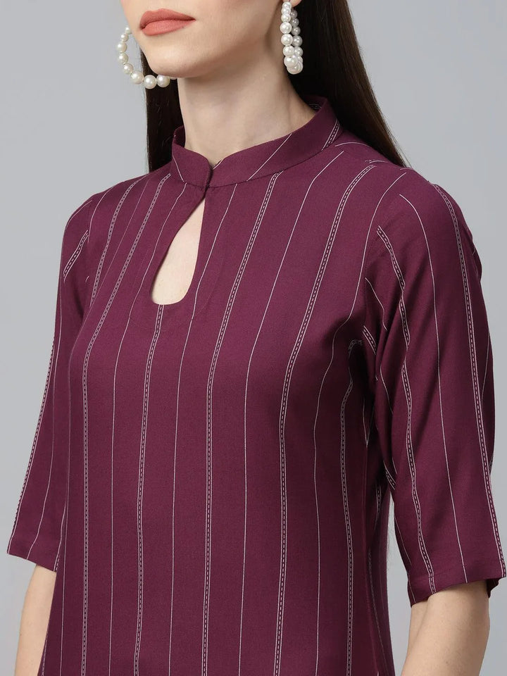 Maroon Striped Rayon Kurta - Libas