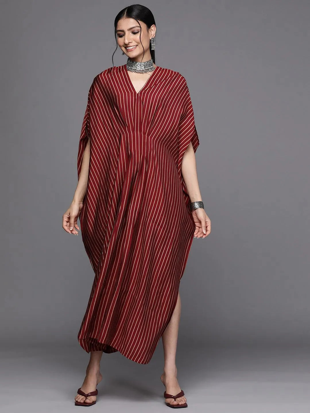 Maroon Striped Silk Dress - Libas 