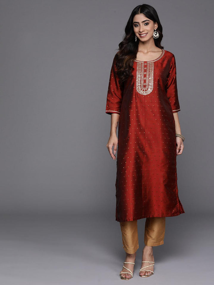 Maroon Woven Design Art Silk Straight Kurta - Libas