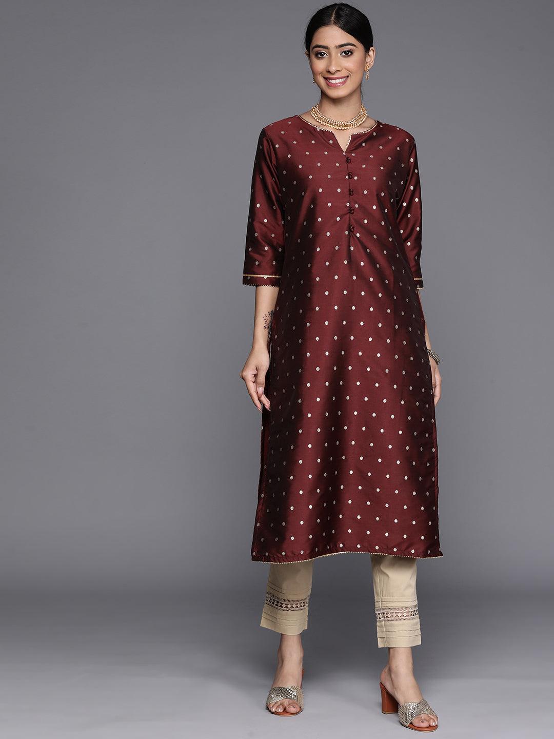 Maroon Woven Design Art Silk Straight Kurta - Libas