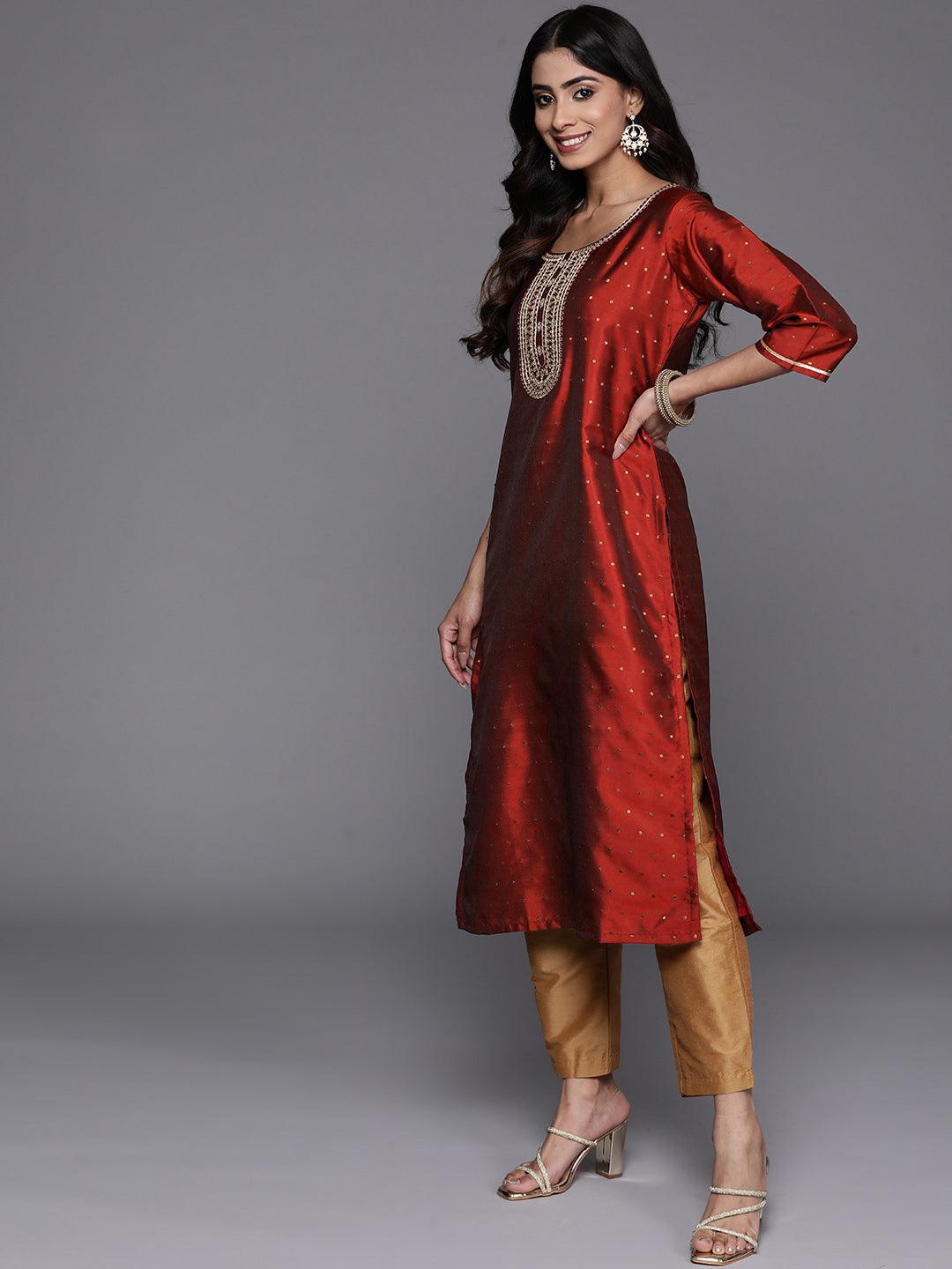 Maroon Woven Design Art Silk Straight Kurta - Libas