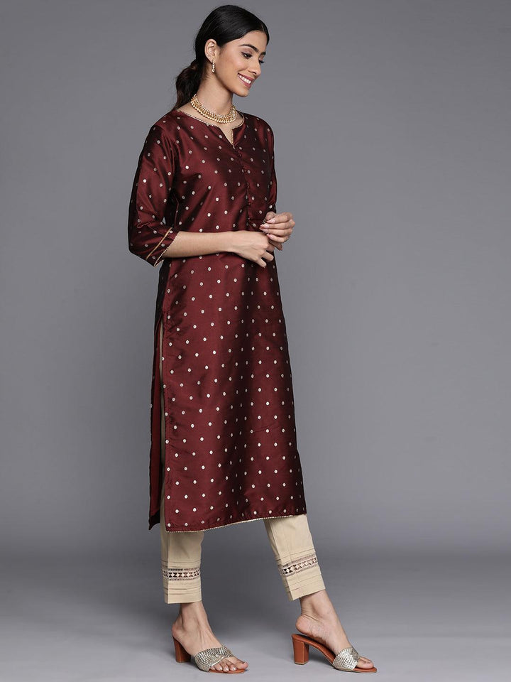 Maroon Woven Design Art Silk Straight Kurta - Libas