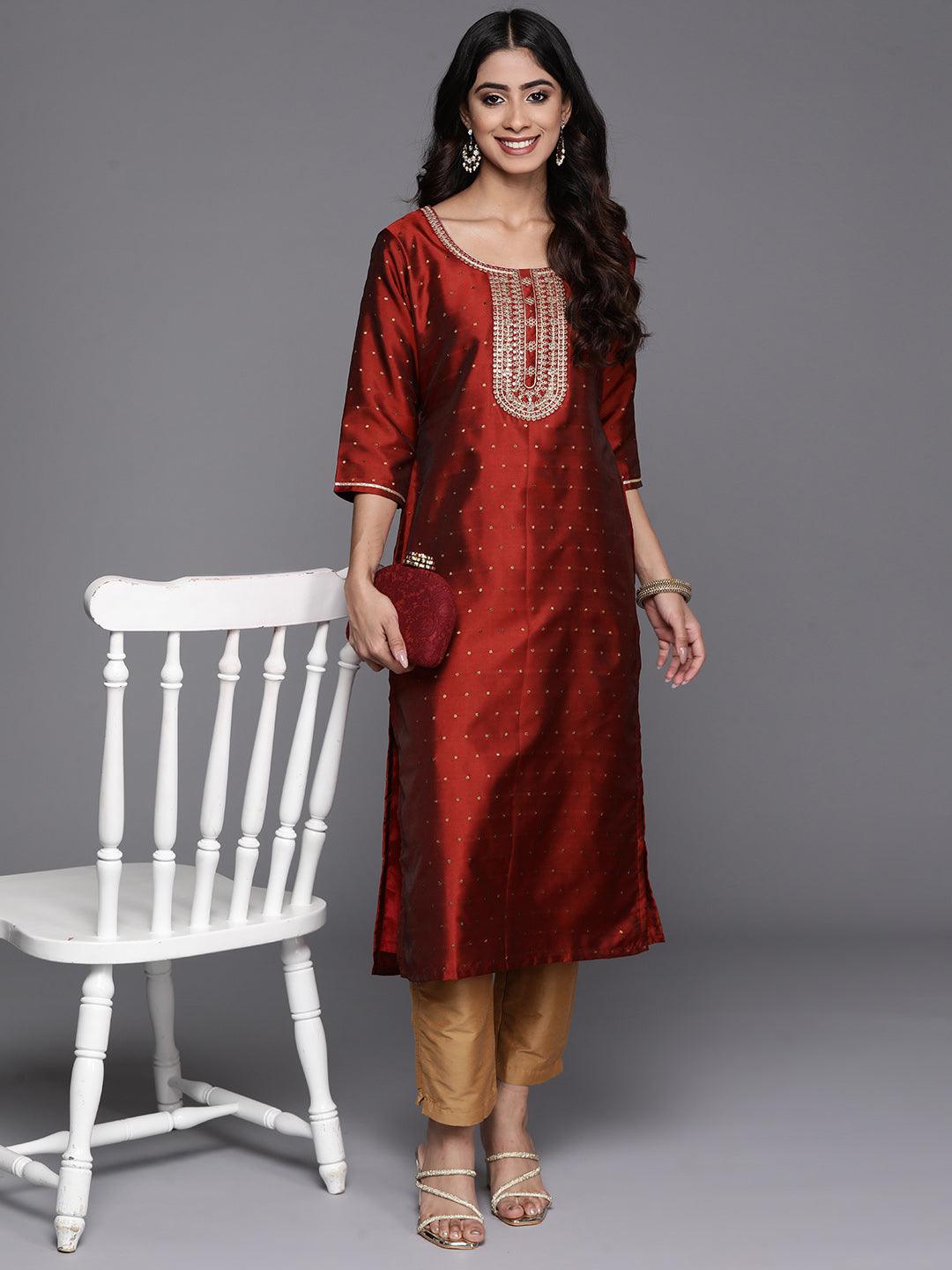 Maroon Woven Design Art Silk Straight Kurta - Libas