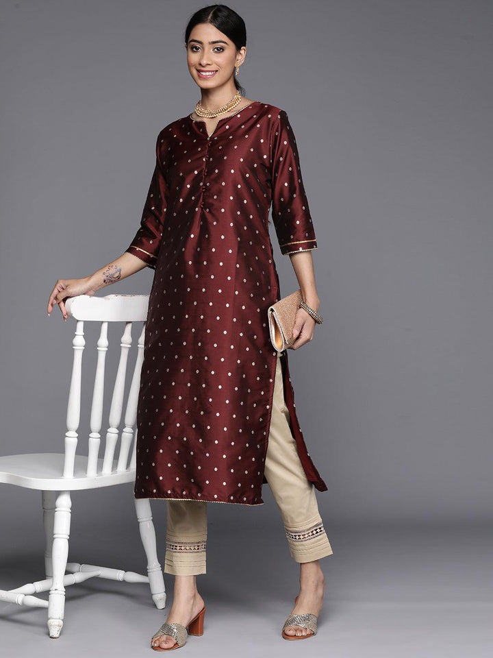 Maroon Woven Design Art Silk Straight Kurta - Libas