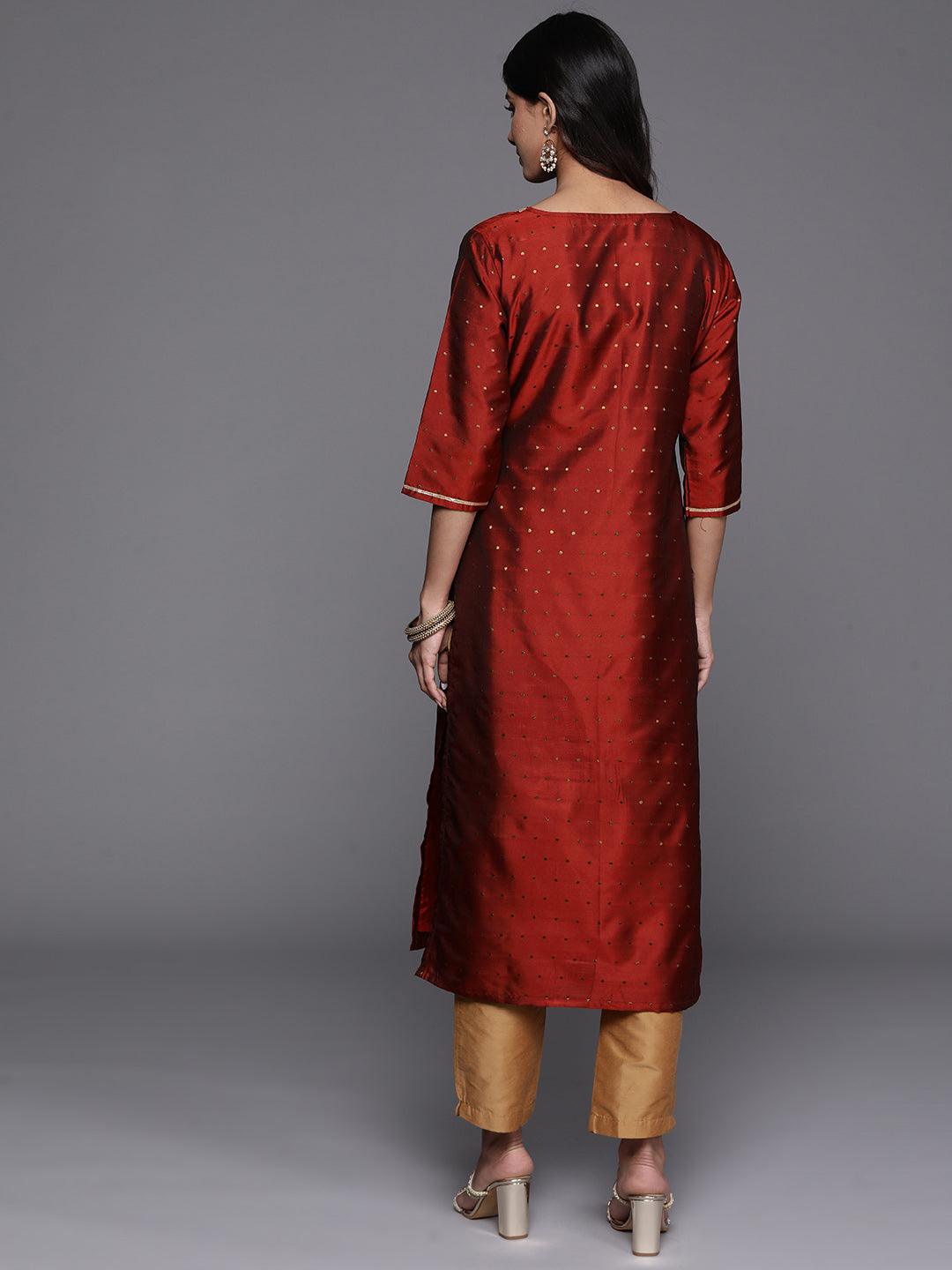 Maroon Woven Design Art Silk Straight Kurta - Libas