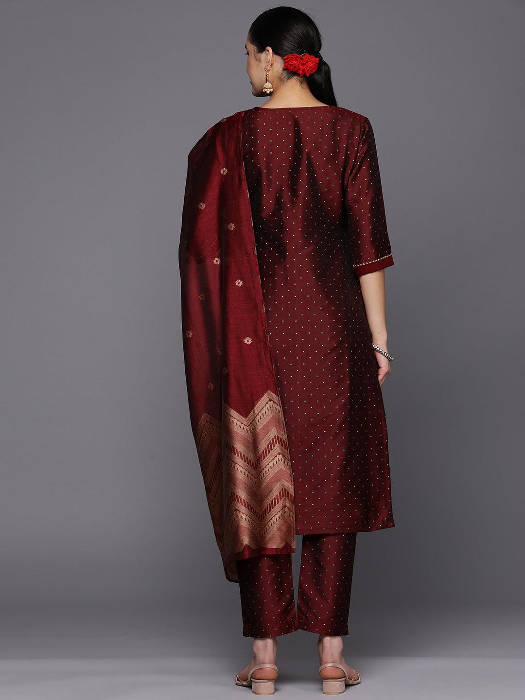 Maroon Woven Design Art Silk Straight Kurta With Trousers & Dupatta