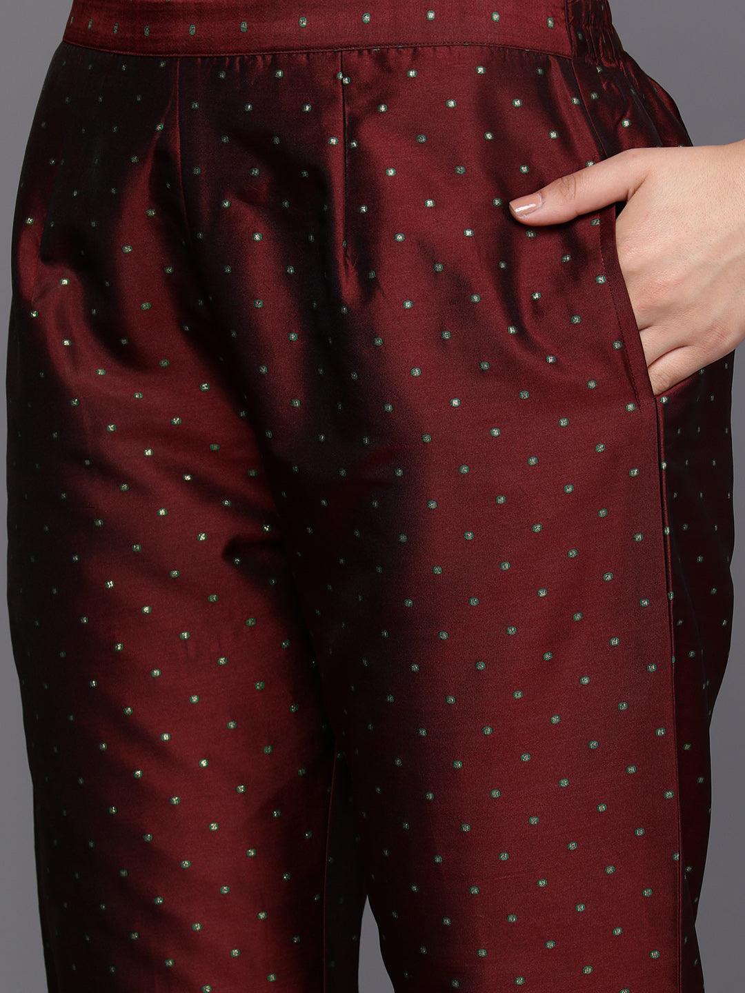 Maroon Woven Design Art Silk Straight Kurta With Trousers & Dupatta