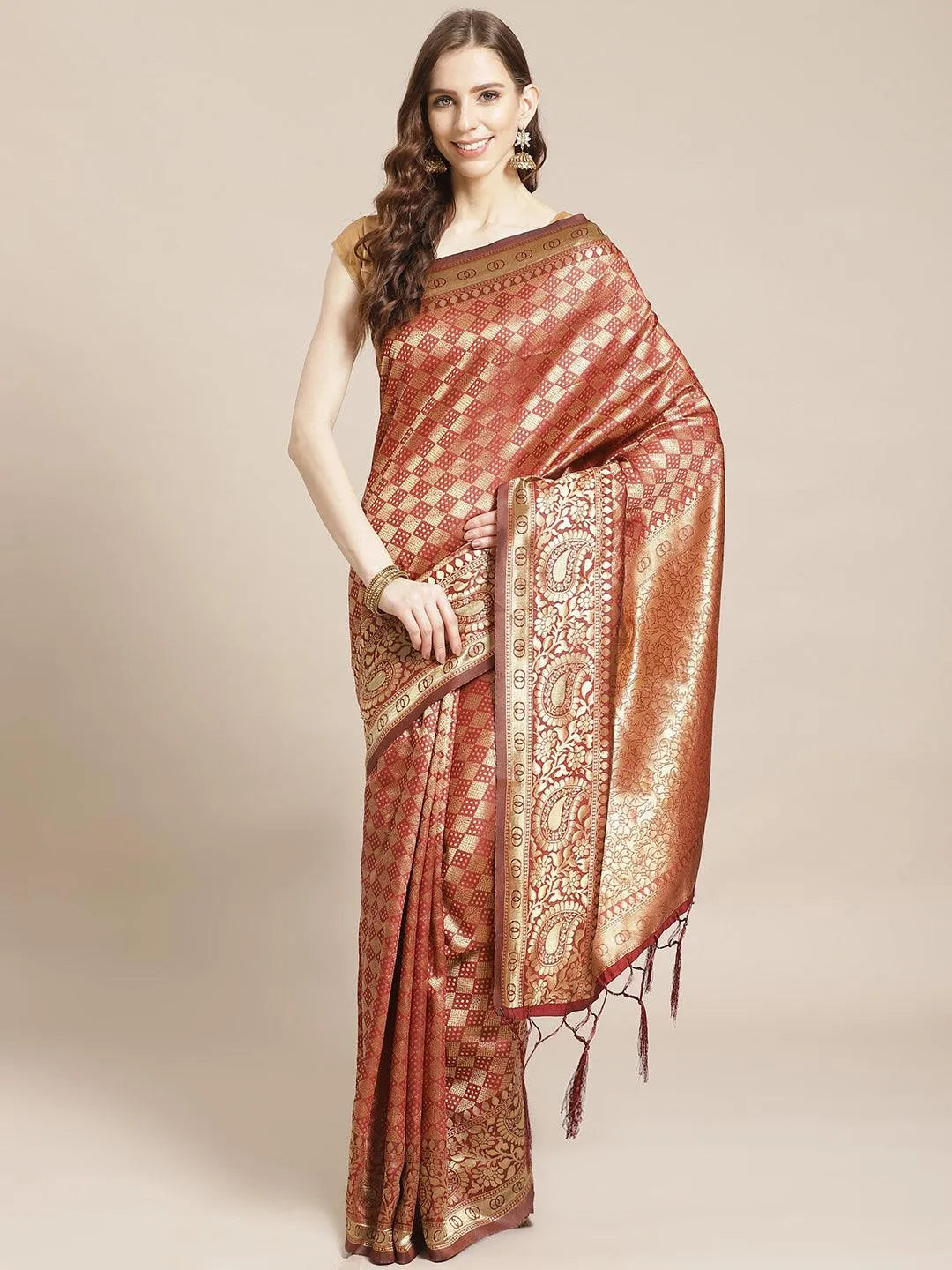 Maroon Woven Design Brocade Saree - Libas