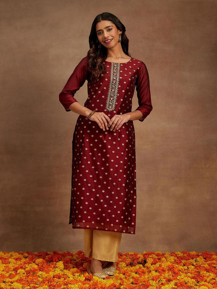 Maroon Woven Design Chanderi Silk Straight Kurta - Libas