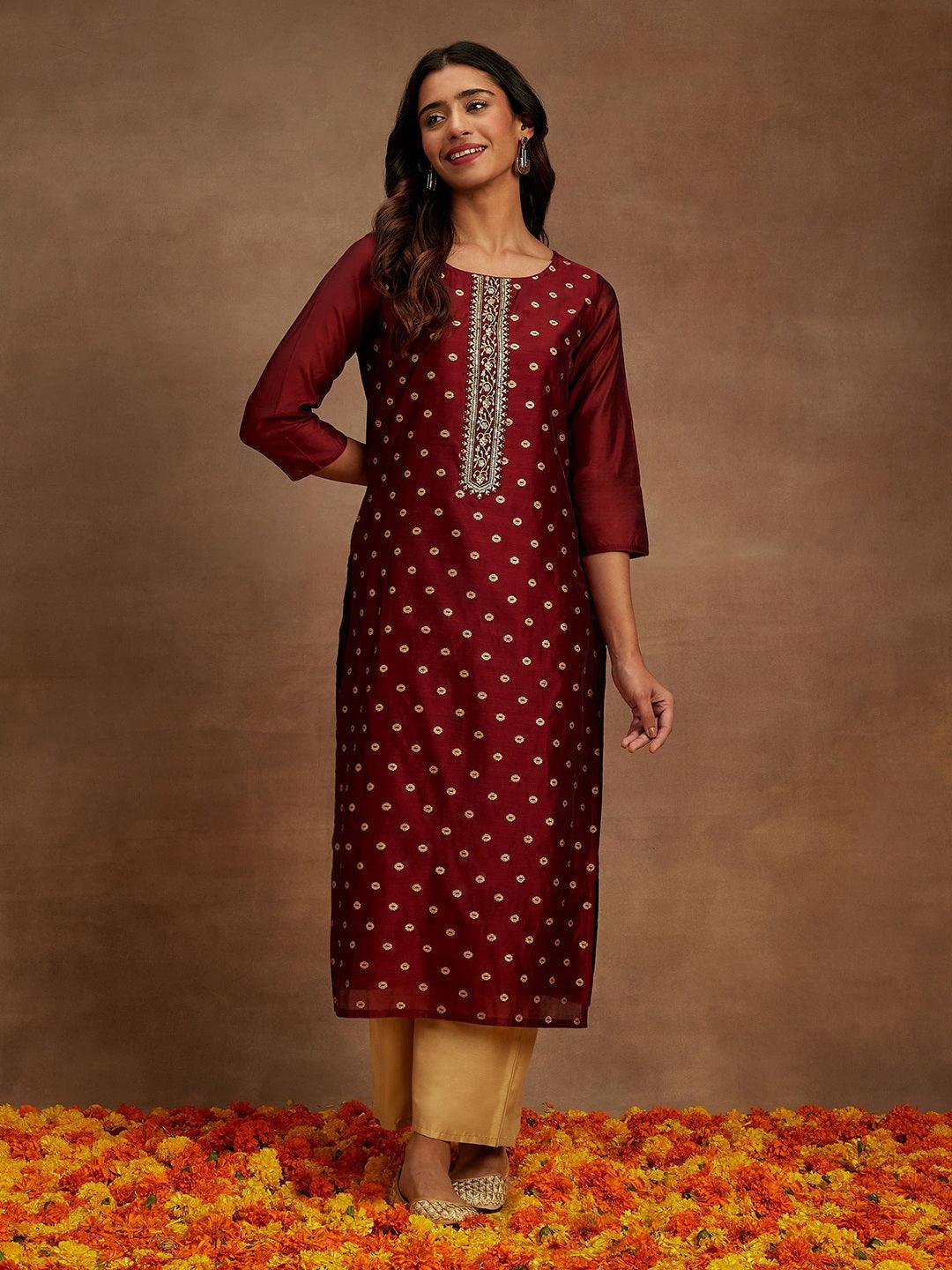 Maroon Woven Design Chanderi Silk Straight Kurta - Libas