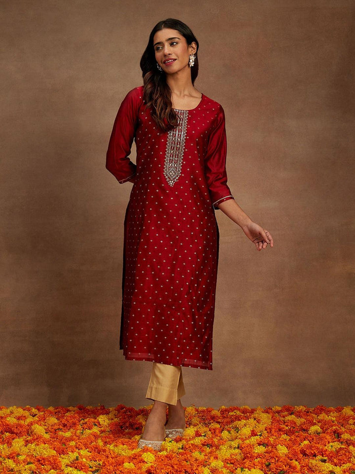 Maroon Woven Design Chanderi Silk Straight Kurta - Libas