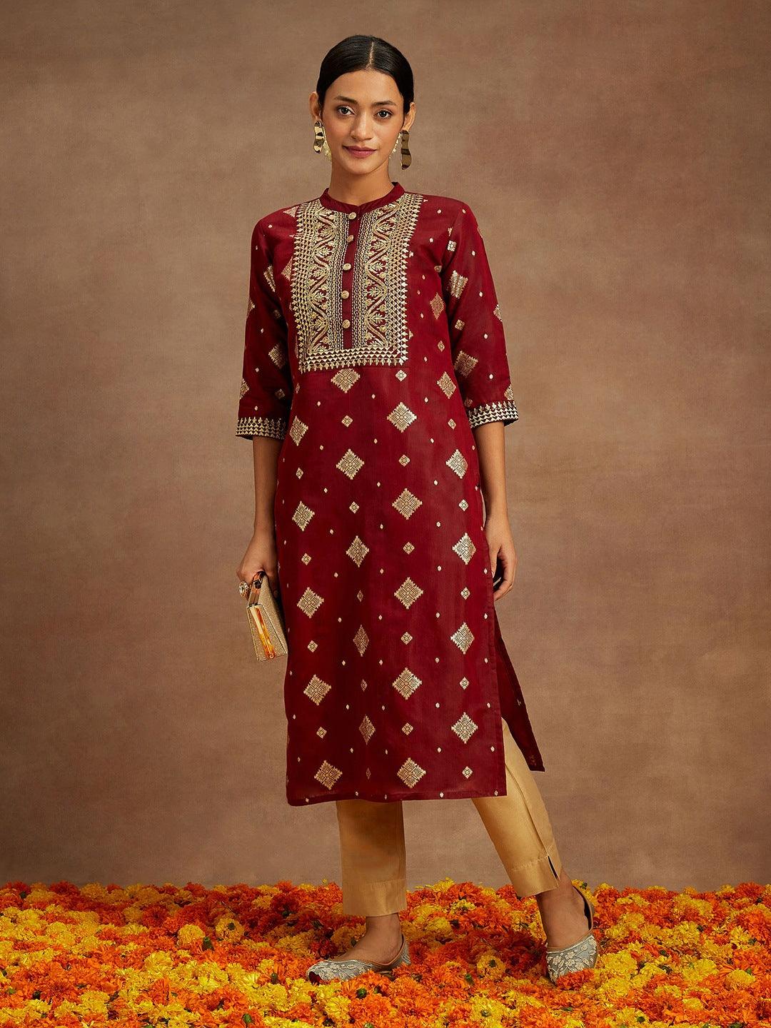 Maroon Woven Design Chanderi Silk Straight Kurta - Libas 