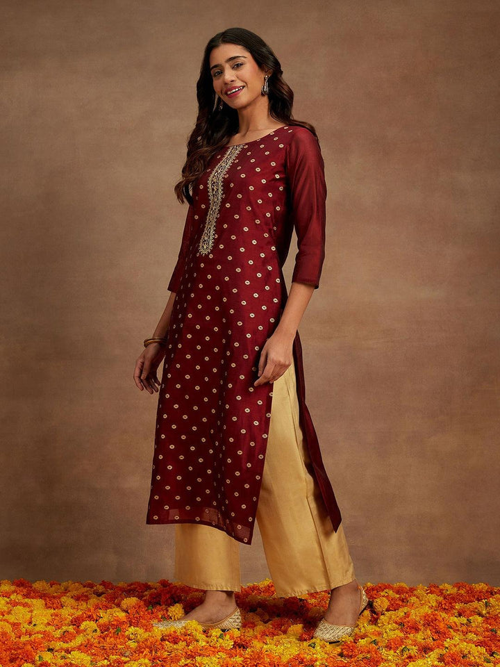 Maroon Woven Design Chanderi Silk Straight Kurta - Libas