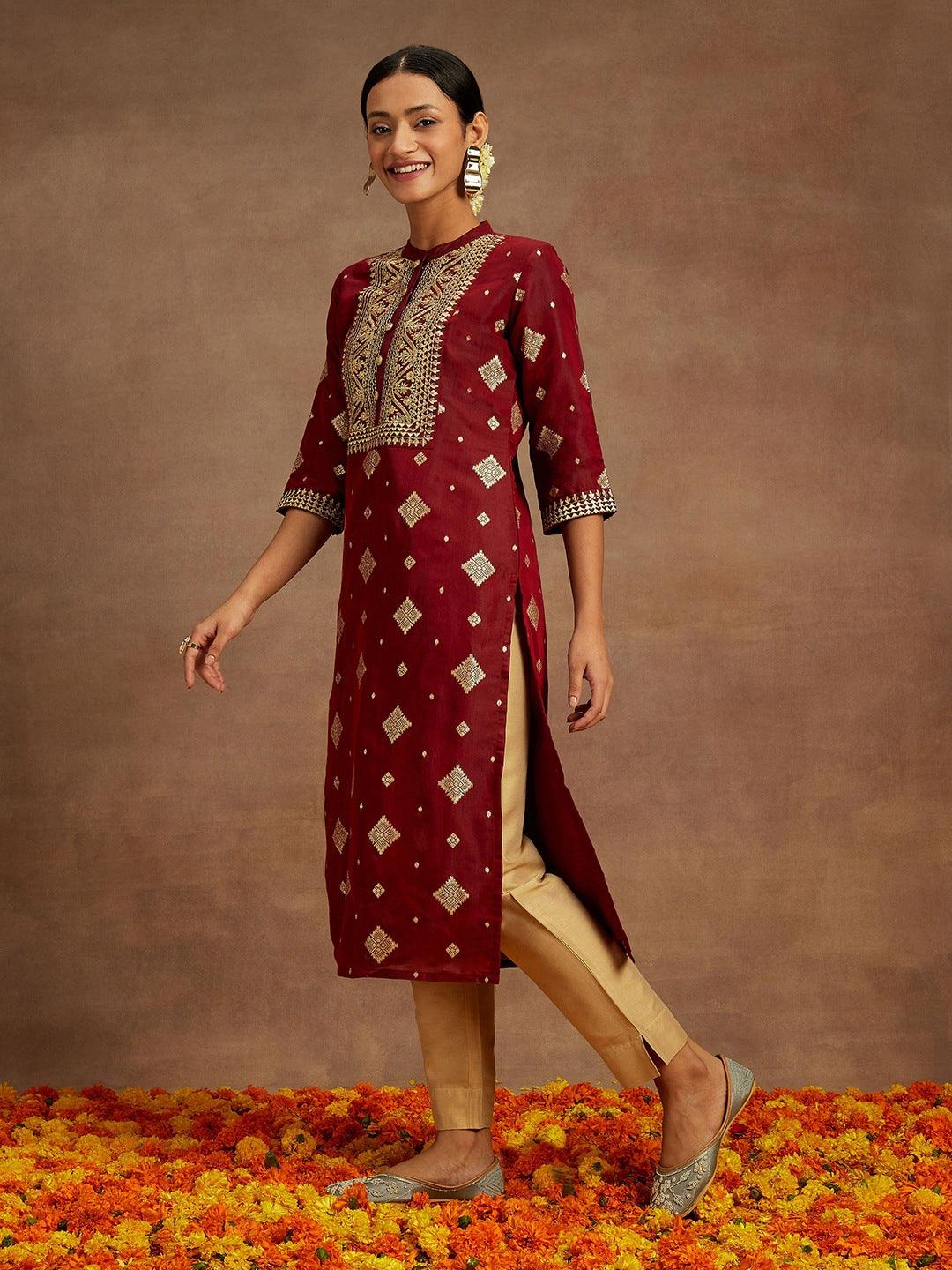 Maroon Woven Design Chanderi Silk Straight Kurta - Libas 