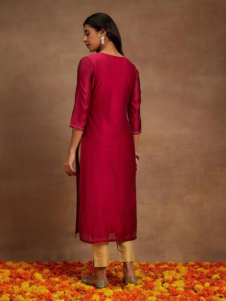 Maroon Woven Design Chanderi Silk Straight Kurta - Libas