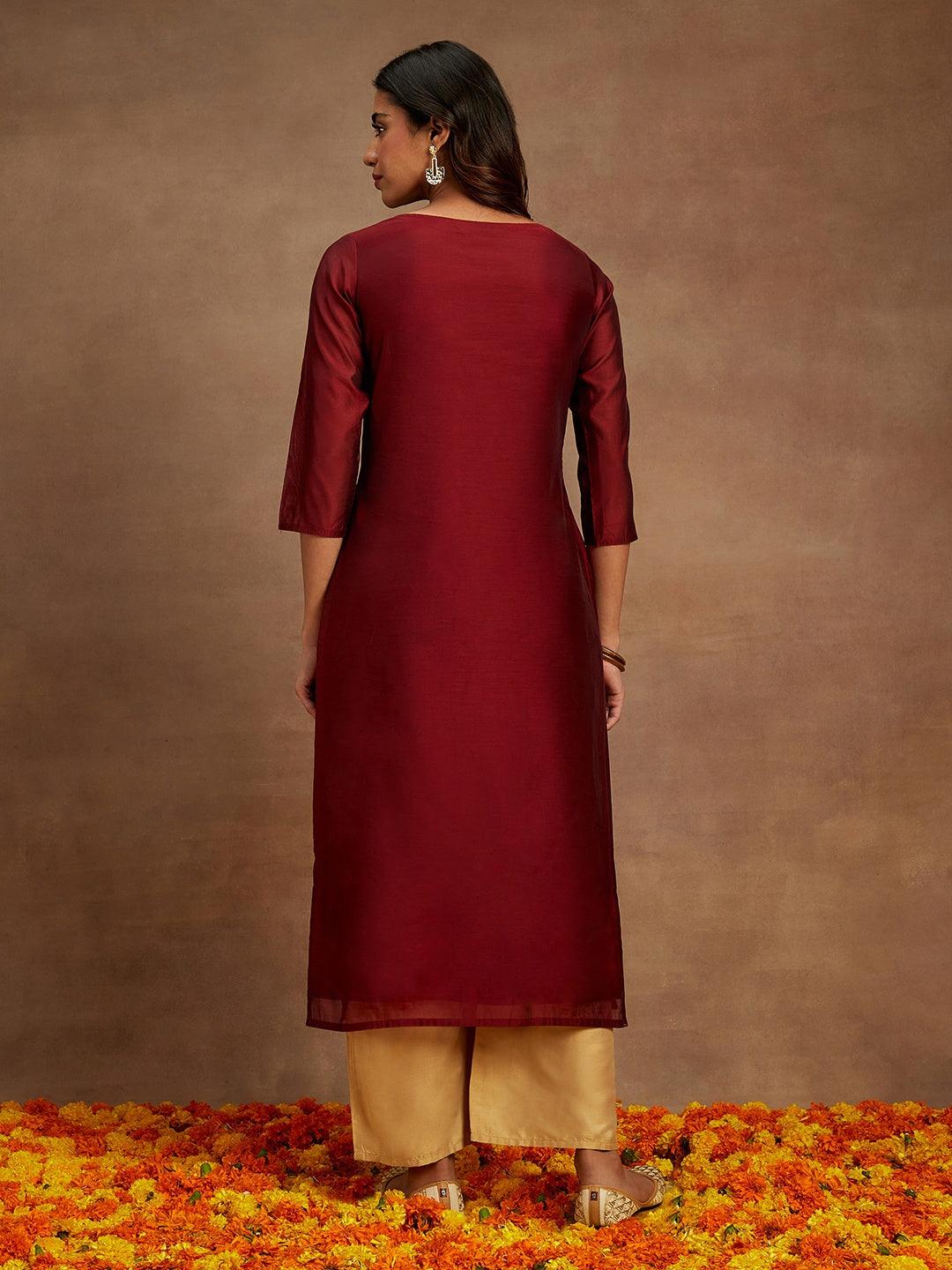 Maroon Woven Design Chanderi Silk Straight Kurta - Libas