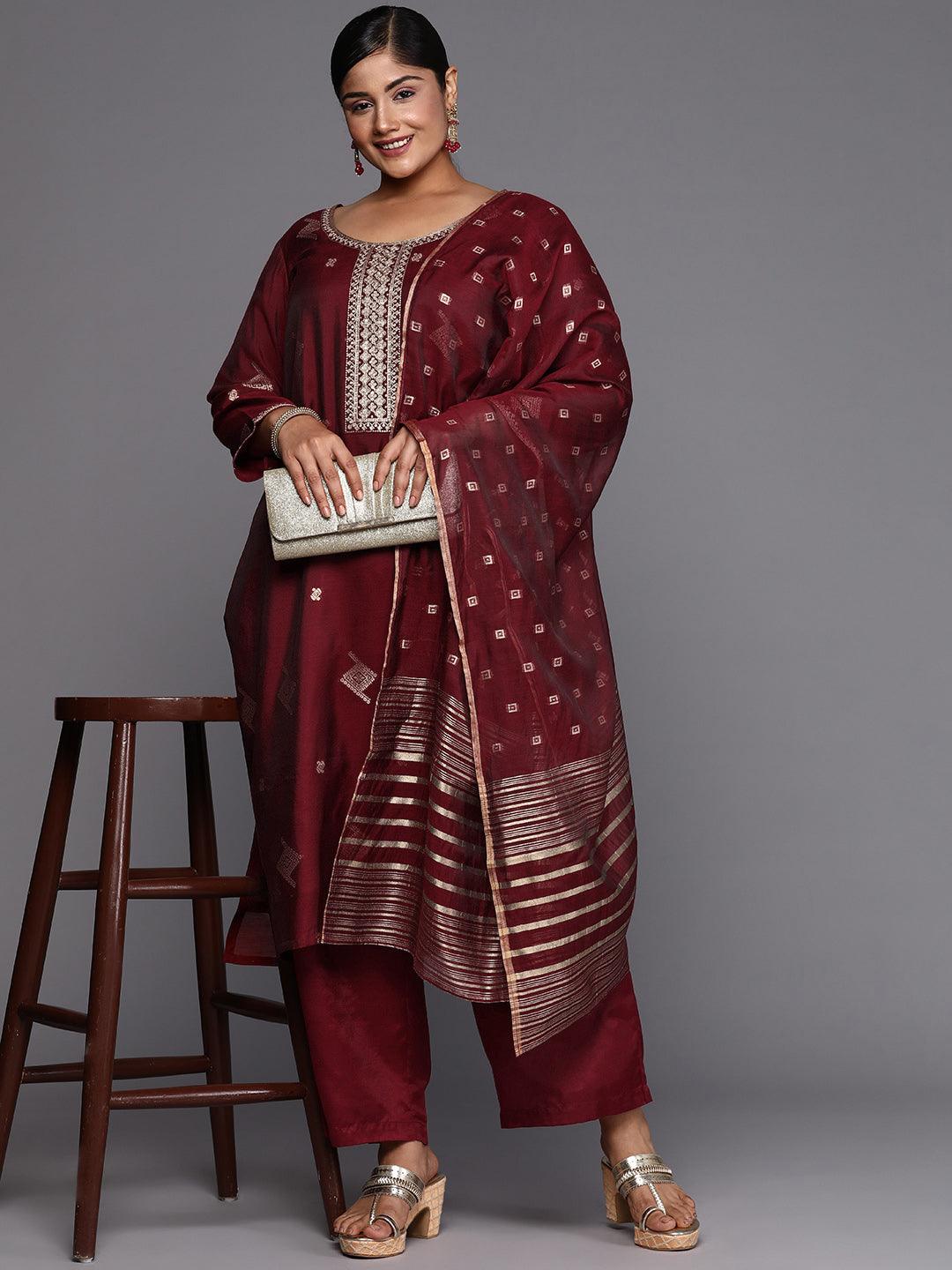 Maroon Woven Design Chanderi Silk Straight Kurta With Trousers & Dupatta - Libas