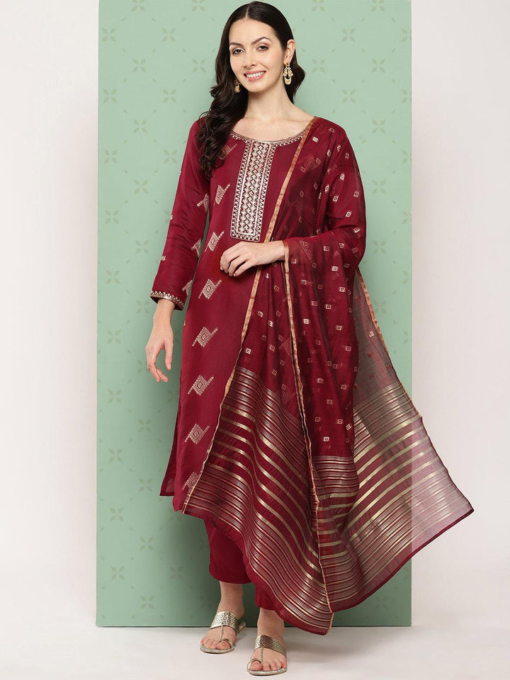 Maroon Woven Design Chanderi Silk Straight Kurta With Trousers & Dupatta - Libas